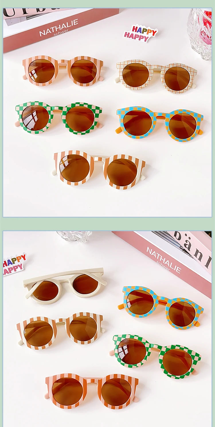 2023 New Kids Cute Checker Panel Color Round UV400 Sunglasses Baby Girls Outdoor Sun Protection Sunglasses Children Sun Glasses