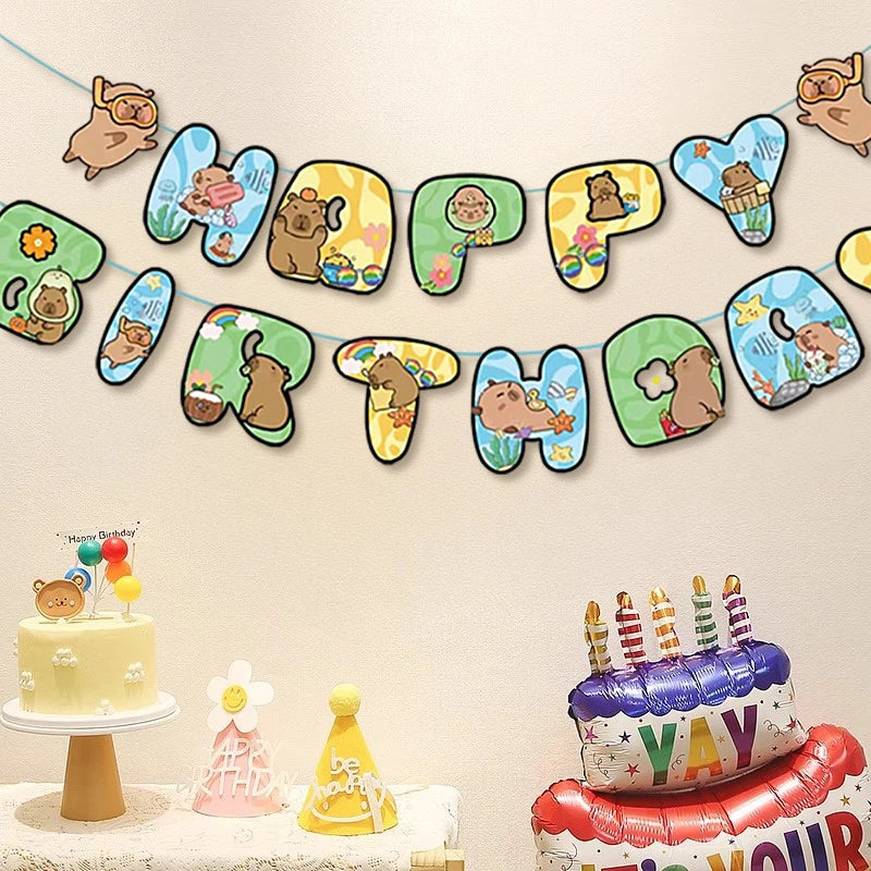 Capybara Theme Disposable Tableware Set Cartoon Capybara Tablecloth Cups Plates Napkin Happy Birthday Banner Kids Party Supplies