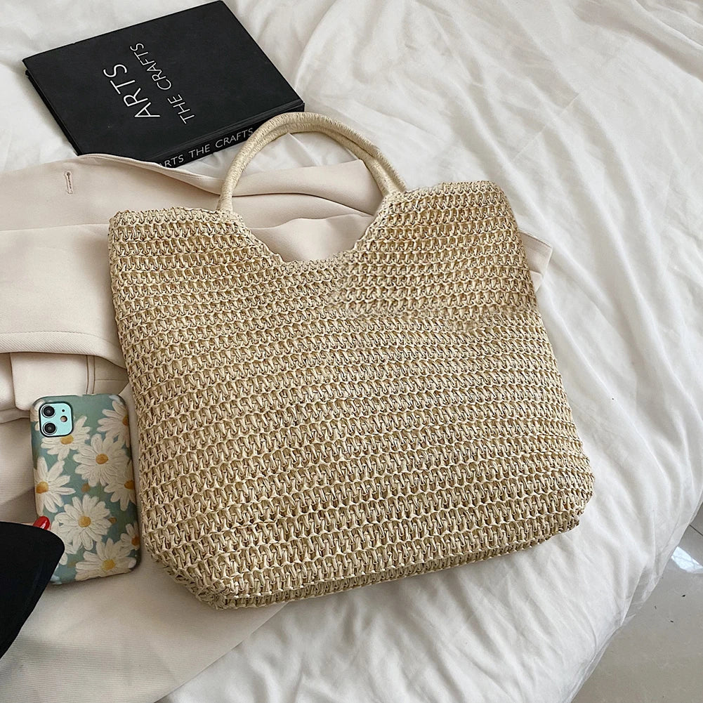 Women Straw Tote Handbag Large Capacity Crochet Beach Handbag Zipper Closure Retro Straw Handbag Ladies Summer Daily Bag