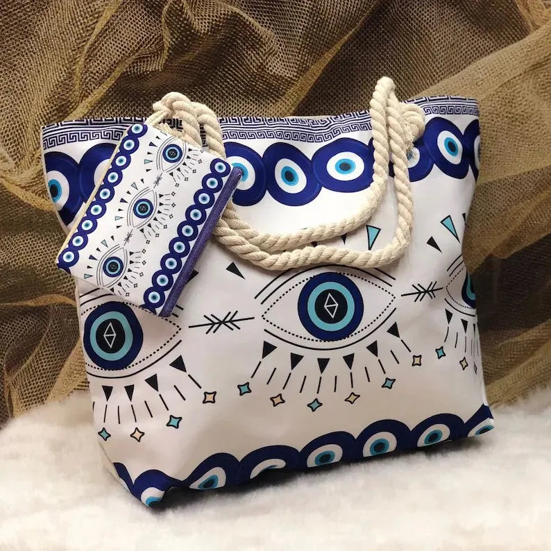 1pcs Evil Eye Women's Beach Bag Polyester Large Capacity Tote Shoulder Bag Customizable Logo Seaside Travel Bag