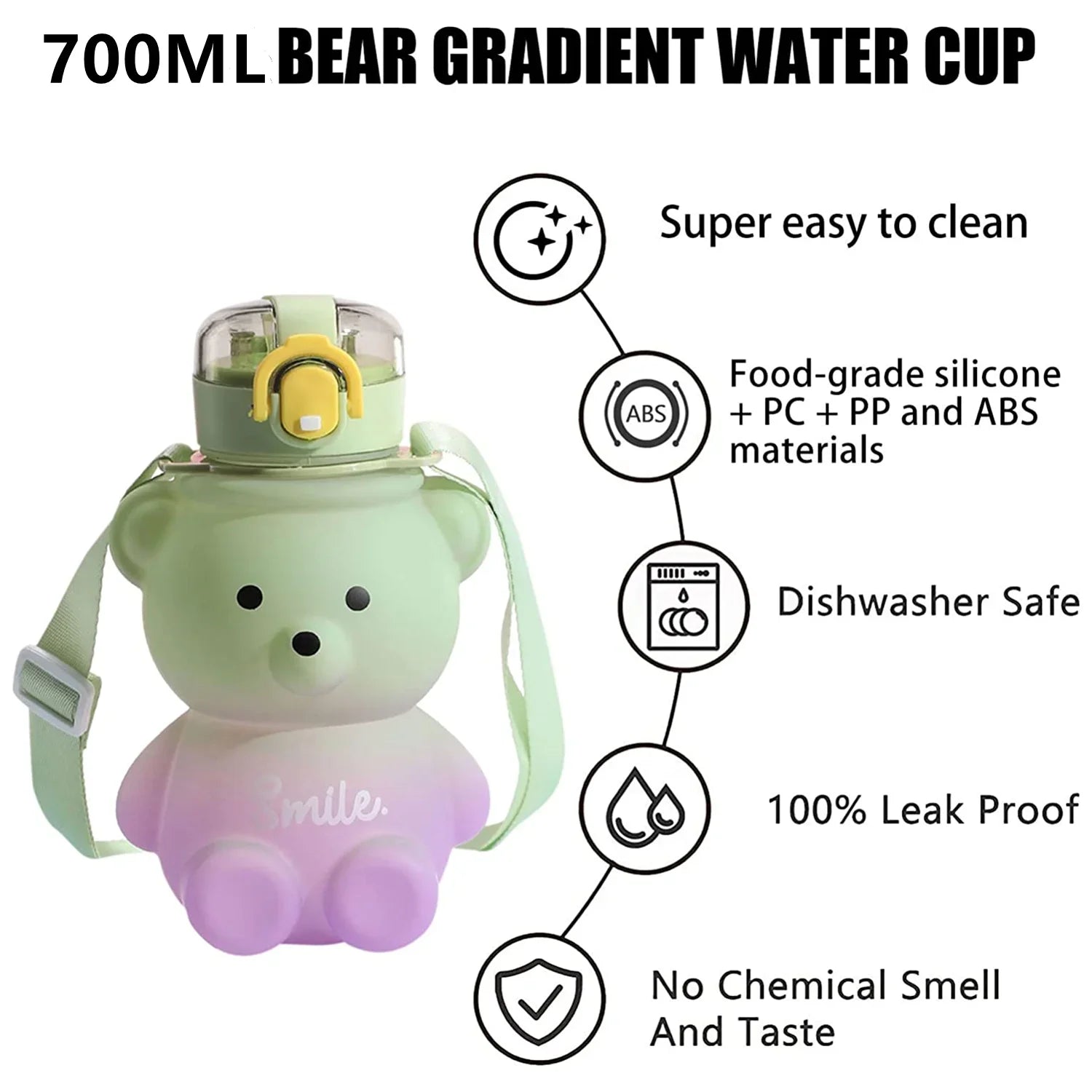 Kawaii Bear Water Straw Bottle 700ml Cute Kids Portable Leakproof Drinking Cups with Strap for Girl School Outdoor Traveling