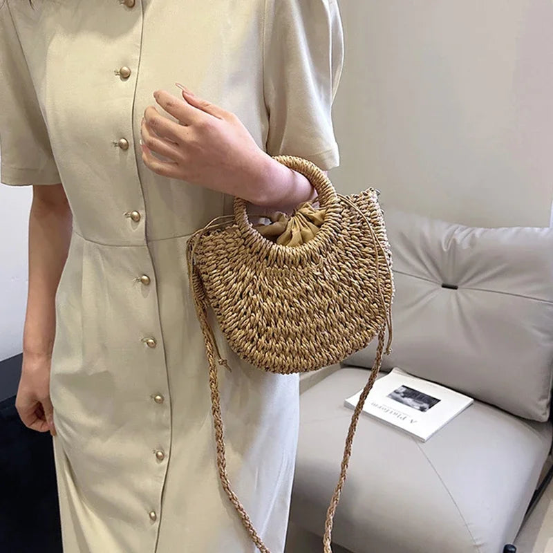 Handwoven Straw Rattan Half-Moon Beach Handbag Large Capacity Women Summer Hollow Out Crossbody Shoulder Bag  crossbody bags