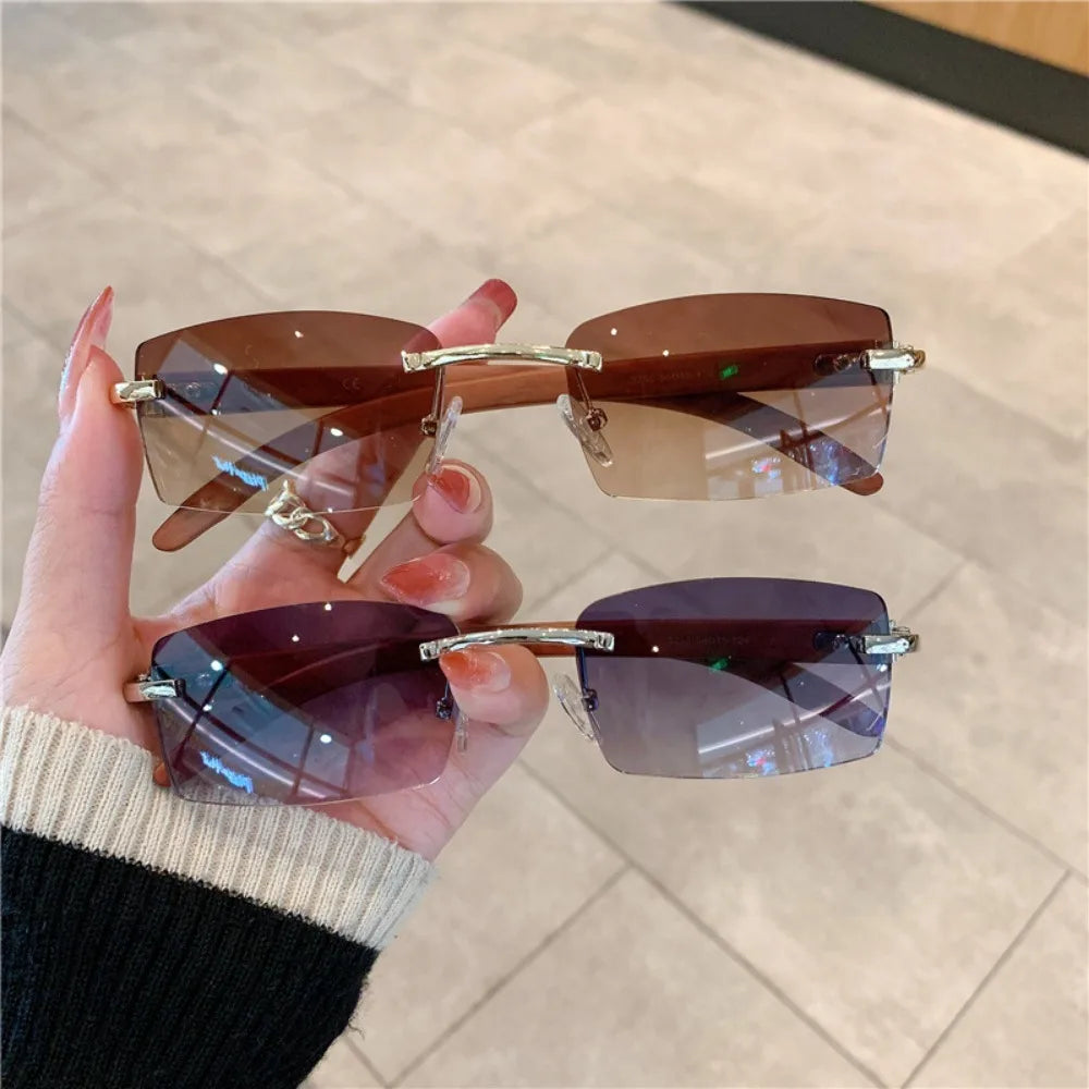 European and American frameless imitation wood grain leg sunglasses for men and women