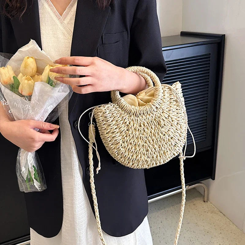 Handwoven Straw Rattan Half-Moon Beach Handbag Large Capacity Women Summer Hollow Out Crossbody Shoulder Bag  crossbody bags