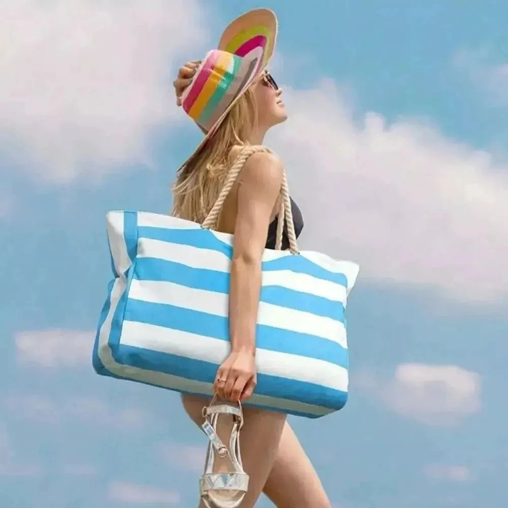 Bohemian Zipper Striped Shoulder Bags Large Capacity Canvas Outdoor Travel Tote Storage Women Camping Swim Pool Beach Bag