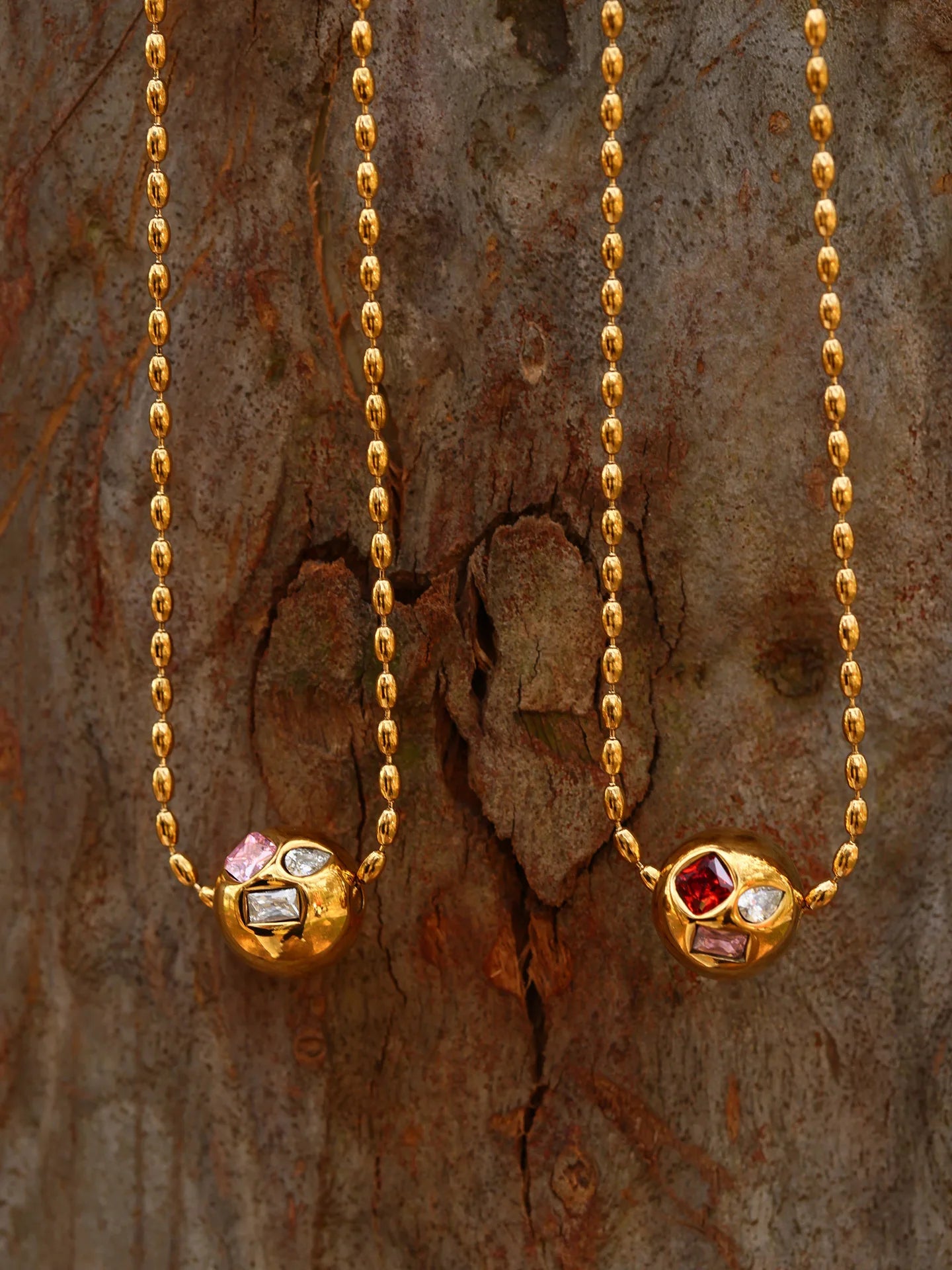 Shiny Red Green Zircon Necklace Womens Stainless Steel Gold Plated Beaded Chain Ball Pendant Necklace Female Luxury Jewellery