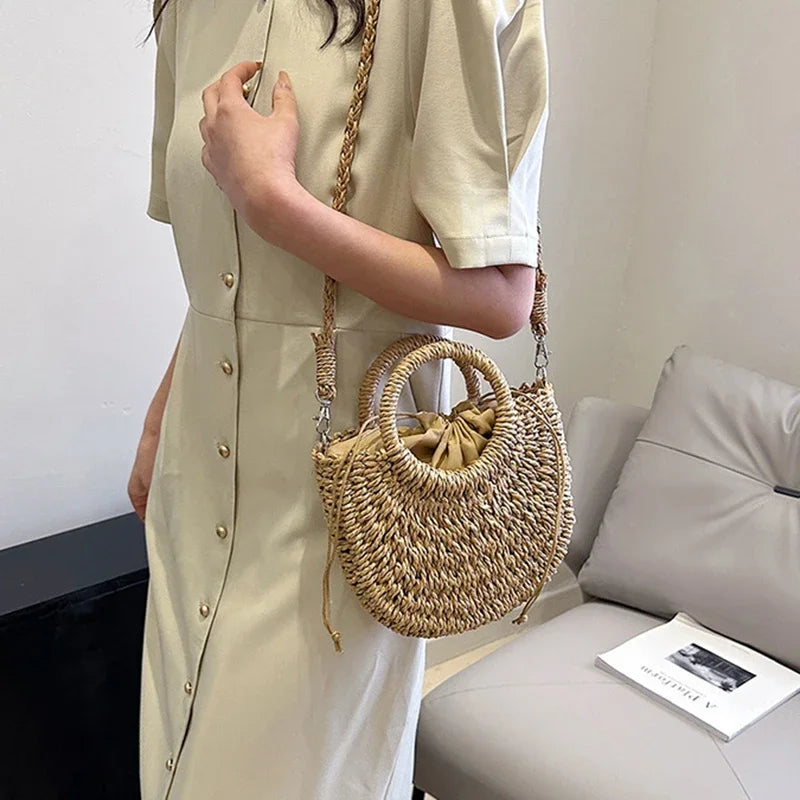 Handwoven Straw Rattan Half-Moon Beach Handbag Large Capacity Women Summer Hollow Out Crossbody Shoulder Bag  crossbody bags