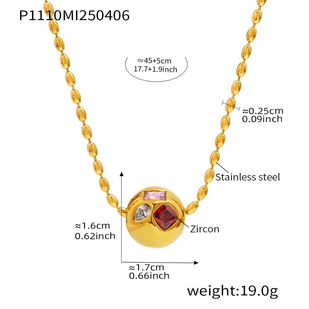 Shiny Red Green Zircon Necklace Womens Stainless Steel Gold Plated Beaded Chain Ball Pendant Necklace Female Luxury Jewellery