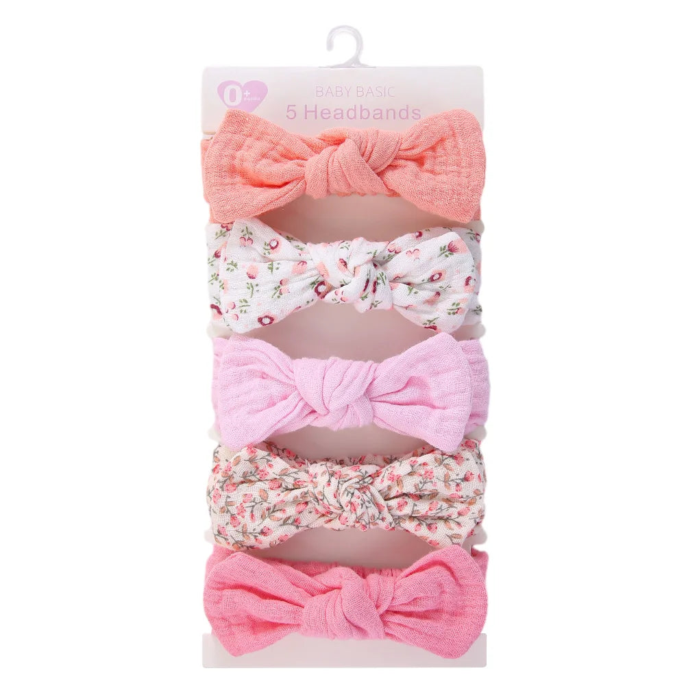 5Pcs/Set Solid Muslin Cotton Linen Baby Headband Elastic Rabbit Ear Hair Band Infant Girl Turban Headwraps Stretch Accessories
