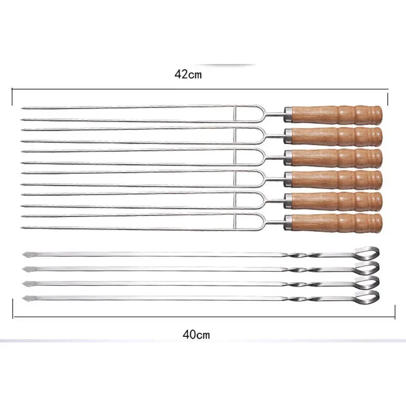 10 PCS/Set Stainless Steel Wire BBQ Skewers Wood Handle Grill Roasting Sticks Outdoor Camping BBQ Tools Storage Bag Kit