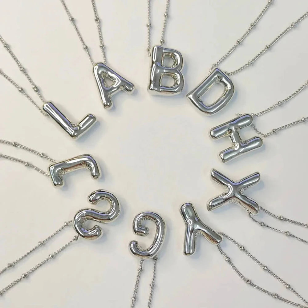 Delicate Chunky Alphabet Balloon Bubble Initial Letter Pendant Necklace for Women Men Stainless Steel Gold Plated Necklaces