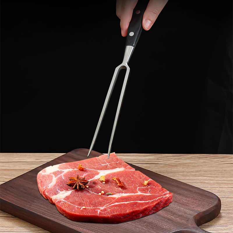 Stainless Steel Portable Outdoor BBQ Barbecue Tool with Wooden Handle, Food Meat Fork