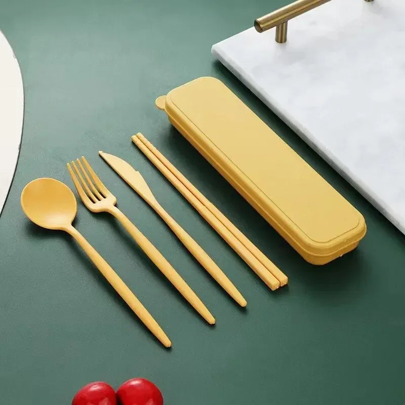 4-piece Wheat Straw Tableware Knives Forks Spoons Chopsticks New Portuguese Plastic Portable Tableware Set Dinnerware Set