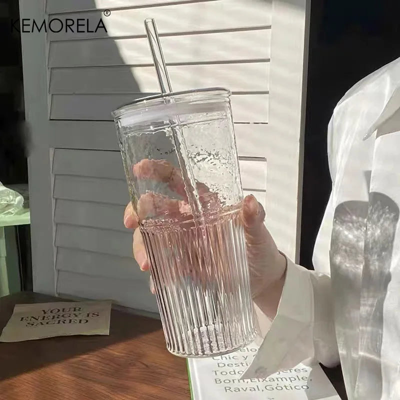 1/2PCS 600ml Stripe Glass Cup with Lid and Straw Transparent Drinking Glasses for Juice Water and Iced Coffee Cups Drinkware Mug
