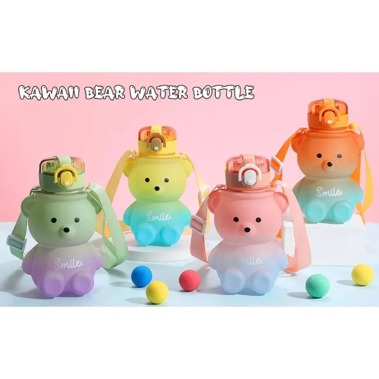 Kawaii Bear Water Straw Bottle 700ml Cute Kids Portable Leakproof Drinking Cups with Strap for Girl School Outdoor Traveling