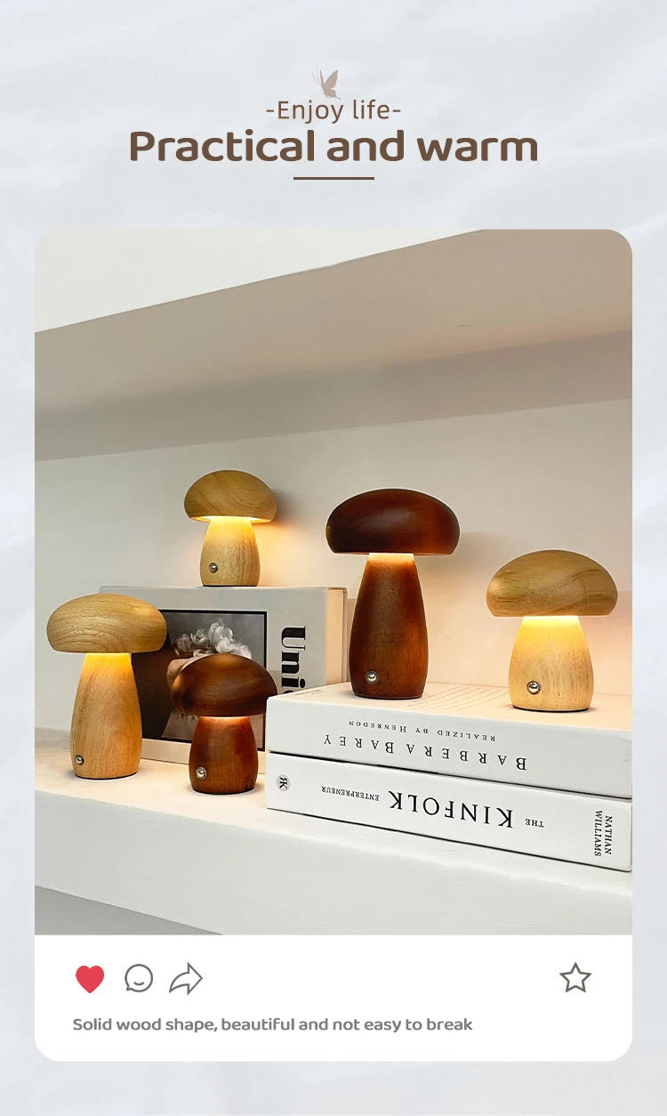 INS Wooden Creative Mushroom Night Light Stepless Dimming Bedside Table Lamp 3 Color Rechargeable Sleeping Nightlights For Room