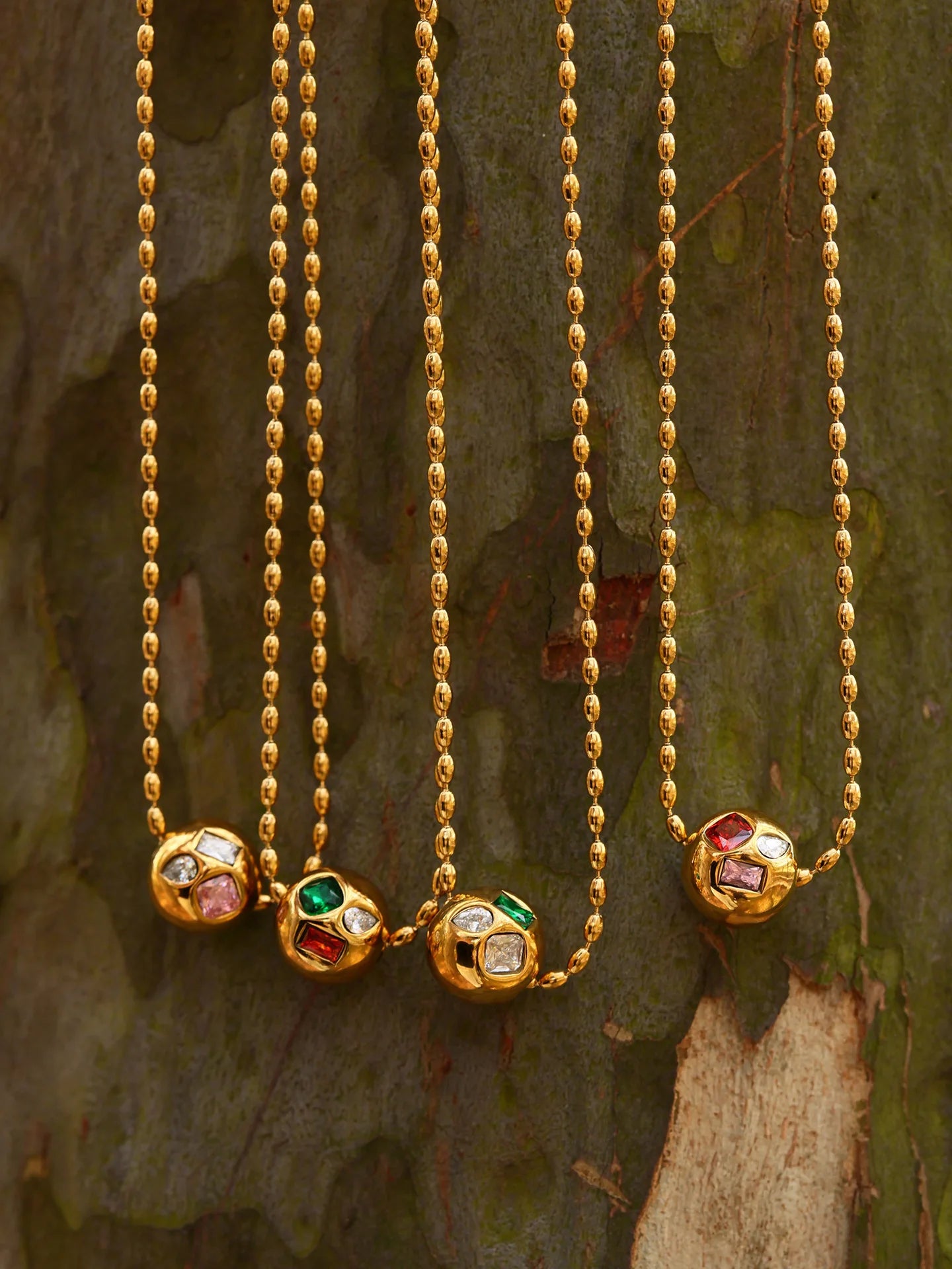 Shiny Red Green Zircon Necklace Womens Stainless Steel Gold Plated Beaded Chain Ball Pendant Necklace Female Luxury Jewellery