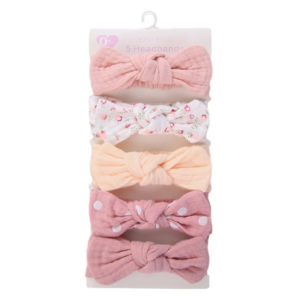 5Pcs/Set Solid Muslin Cotton Linen Baby Headband Elastic Rabbit Ear Hair Band Infant Girl Turban Headwraps Stretch Accessories