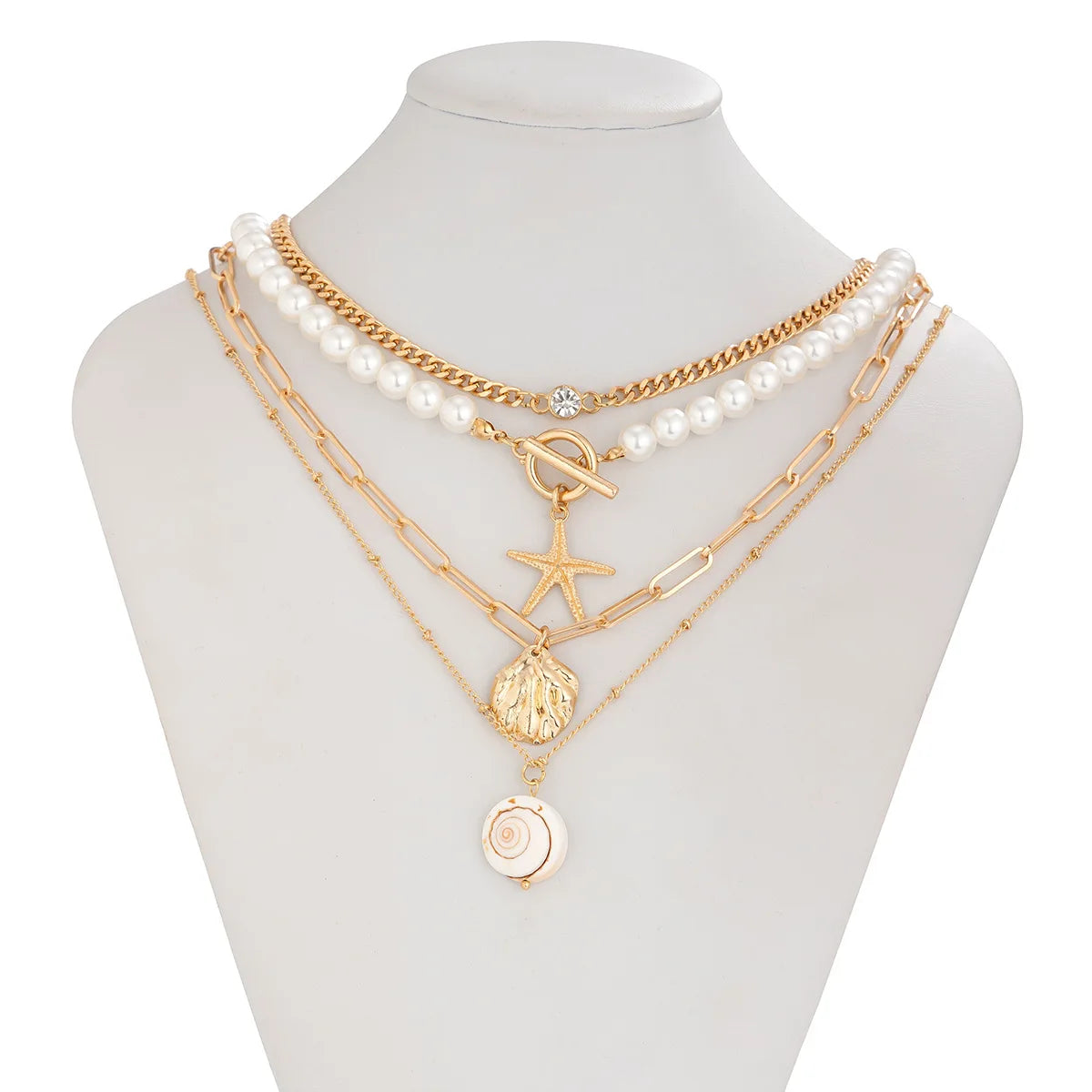 Boho Shell Starfish Shape Pendant Necklace for Women Imitation Pearl Layered Chain Necklace Summer Beach Neck Jewelry