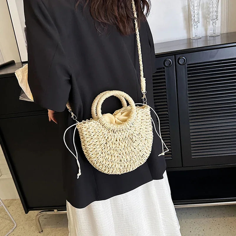 Handwoven Straw Rattan Half-Moon Beach Handbag Large Capacity Women Summer Hollow Out Crossbody Shoulder Bag  crossbody bags