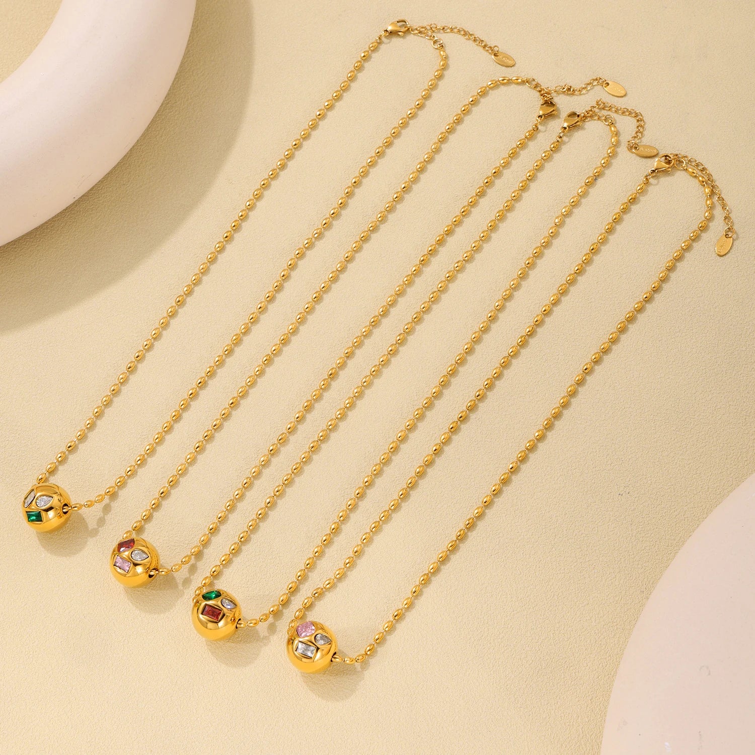 Shiny Red Green Zircon Necklace Womens Stainless Steel Gold Plated Beaded Chain Ball Pendant Necklace Female Luxury Jewellery