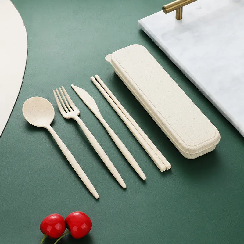 4-piece Wheat Straw Tableware Knives Forks Spoons Chopsticks New Portuguese Plastic Portable Tableware Set Dinnerware Set