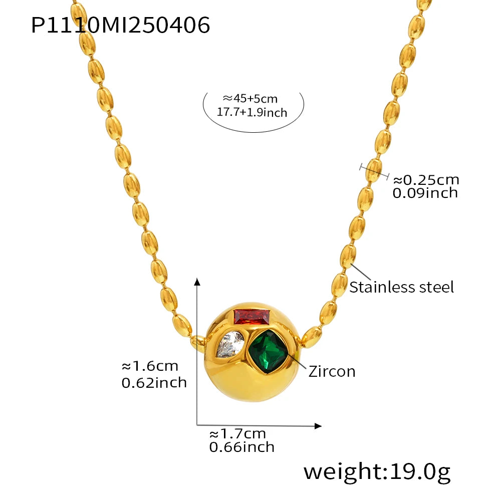 Shiny Red Green Zircon Necklace Womens Stainless Steel Gold Plated Beaded Chain Ball Pendant Necklace Female Luxury Jewellery