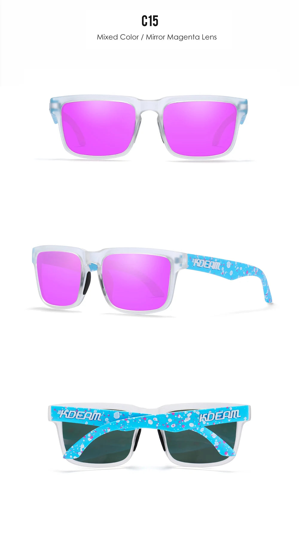 New KDEAM Brand High Quality Men Square Sunglasses Colors Sports Polarized Sun Glasses Reflective Coating Mirrored Lens UV400