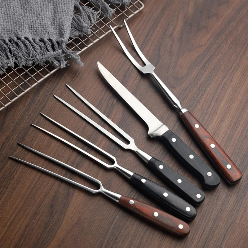 Stainless Steel Portable Outdoor BBQ Barbecue Tool with Wooden Handle, Food Meat Fork