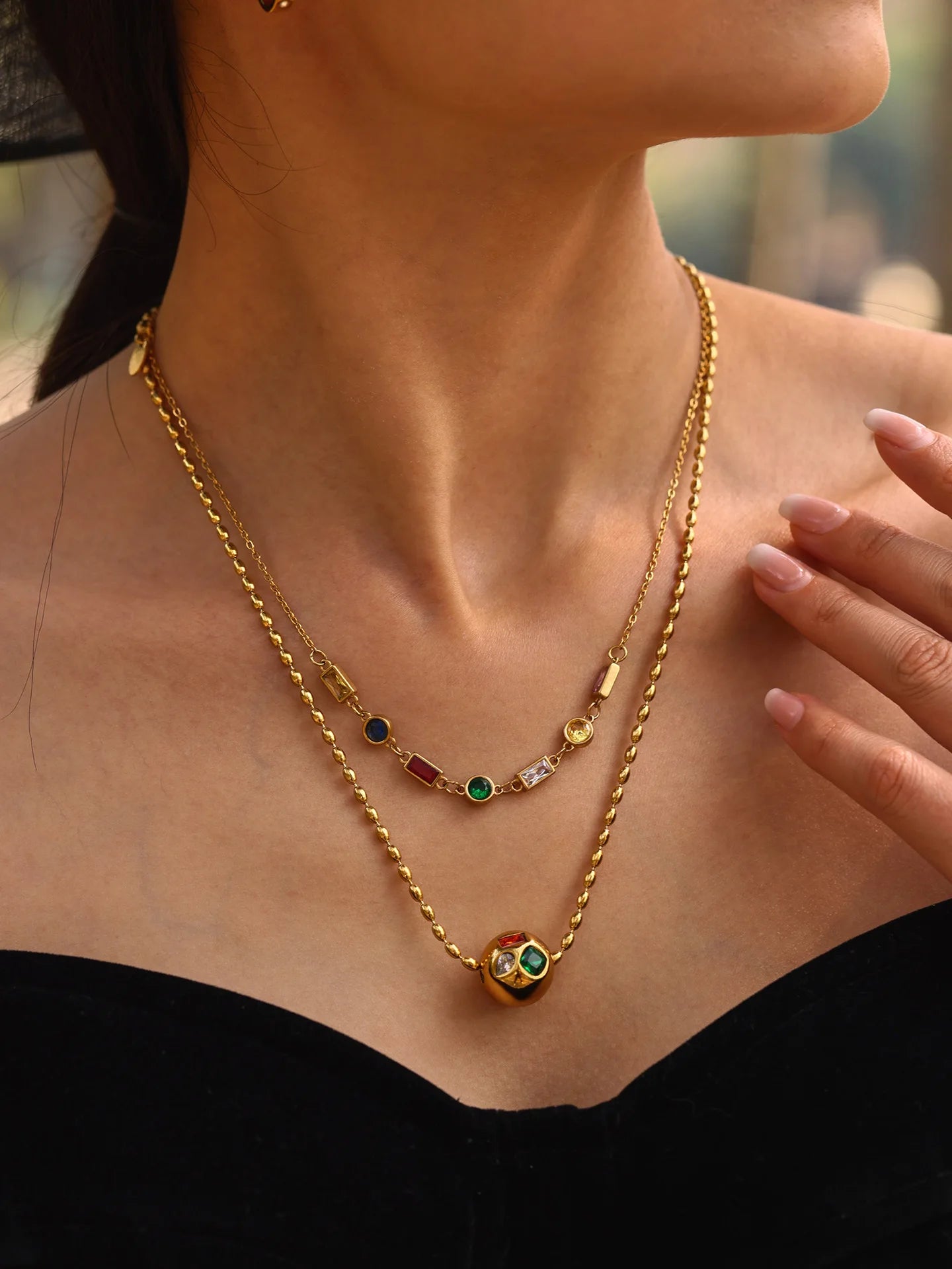 Shiny Red Green Zircon Necklace Womens Stainless Steel Gold Plated Beaded Chain Ball Pendant Necklace Female Luxury Jewellery