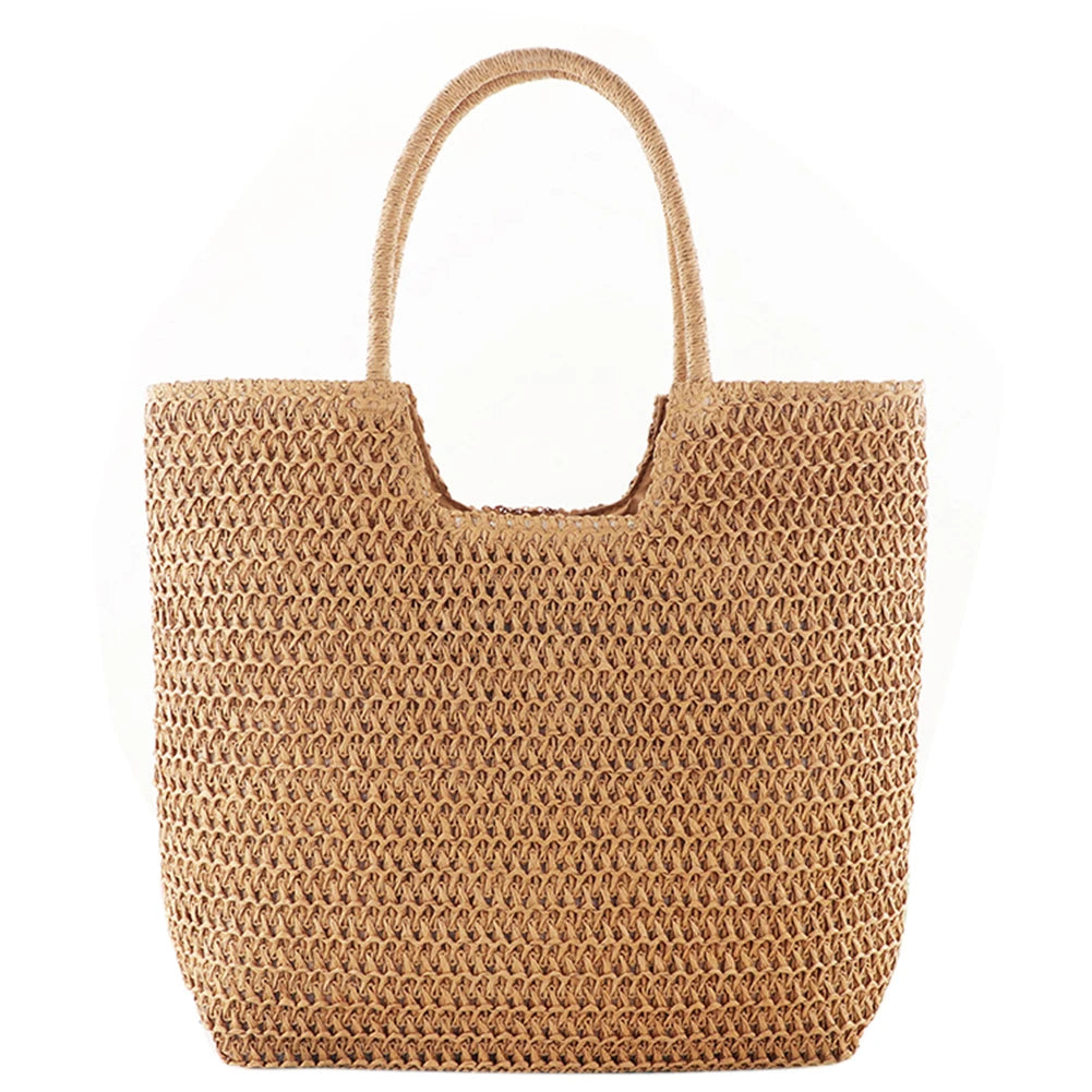 Women Straw Tote Handbag Large Capacity Crochet Beach Handbag Zipper Closure Retro Straw Handbag Ladies Summer Daily Bag