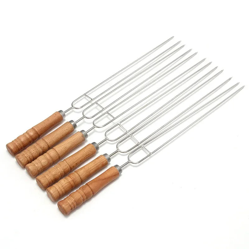 10 PCS/Set Stainless Steel Wire BBQ Skewers Wood Handle Grill Roasting Sticks Outdoor Camping BBQ Tools Storage Bag Kit