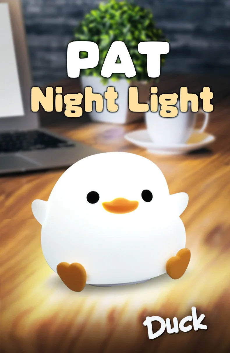 LED Night Light Cute Duck Cartoon Animals Decor Silicone Lamp for Children Kid Touch Sensor Timing USB Rechargeable for Birthday
