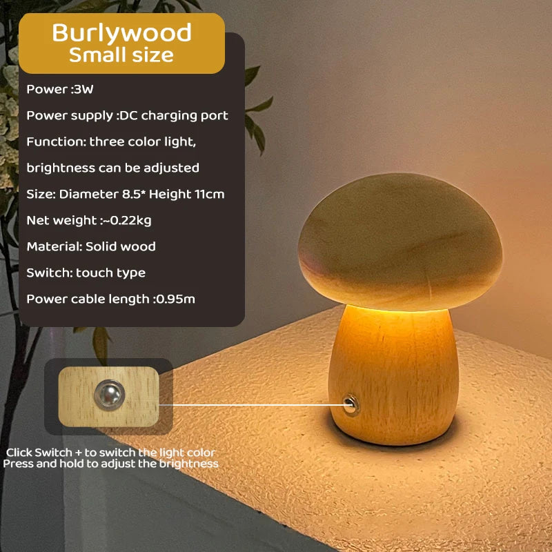 INS Wooden Creative Mushroom Night Light Stepless Dimming Bedside Table Lamp 3 Color Rechargeable Sleeping Nightlights For Room