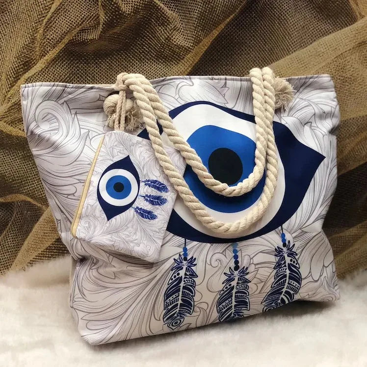 1pcs Evil Eye Women's Beach Bag Polyester Large Capacity Tote Shoulder Bag Customizable Logo Seaside Travel Bag
