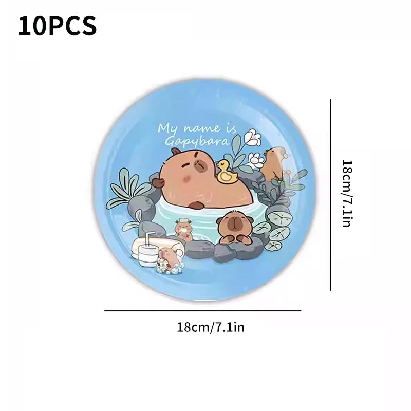 Capybara Theme Disposable Tableware Set Cartoon Capybara Tablecloth Cups Plates Napkin Happy Birthday Banner Kids Party Supplies