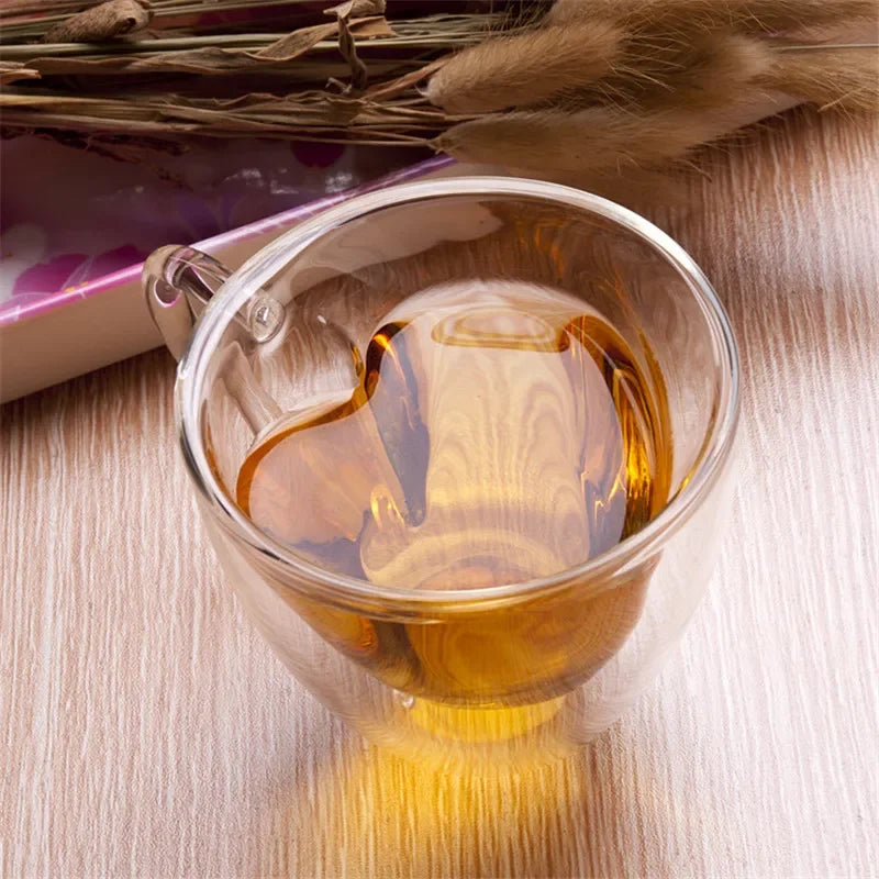 1/2pcs Heart Cup Couple Cup Double Layer Glass Insulated Clear Tea Cups with Handle for Coffee,Cappuccino, Latte, Milk Drinkware