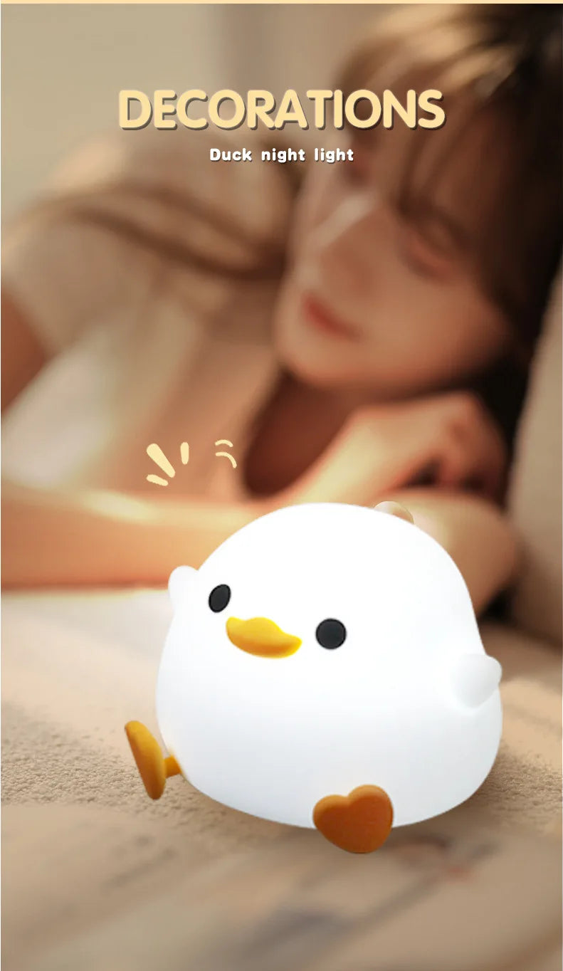 LED Night Light Cute Duck Cartoon Animals Decor Silicone Lamp for Children Kid Touch Sensor Timing USB Rechargeable for Birthday