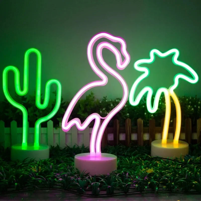 Battery/USB LED Neon Night Light Sign Flamingo Coconut Tree Cactus Table Lamp Kids Birthday Gifts Bedroom Christmas Art Decor