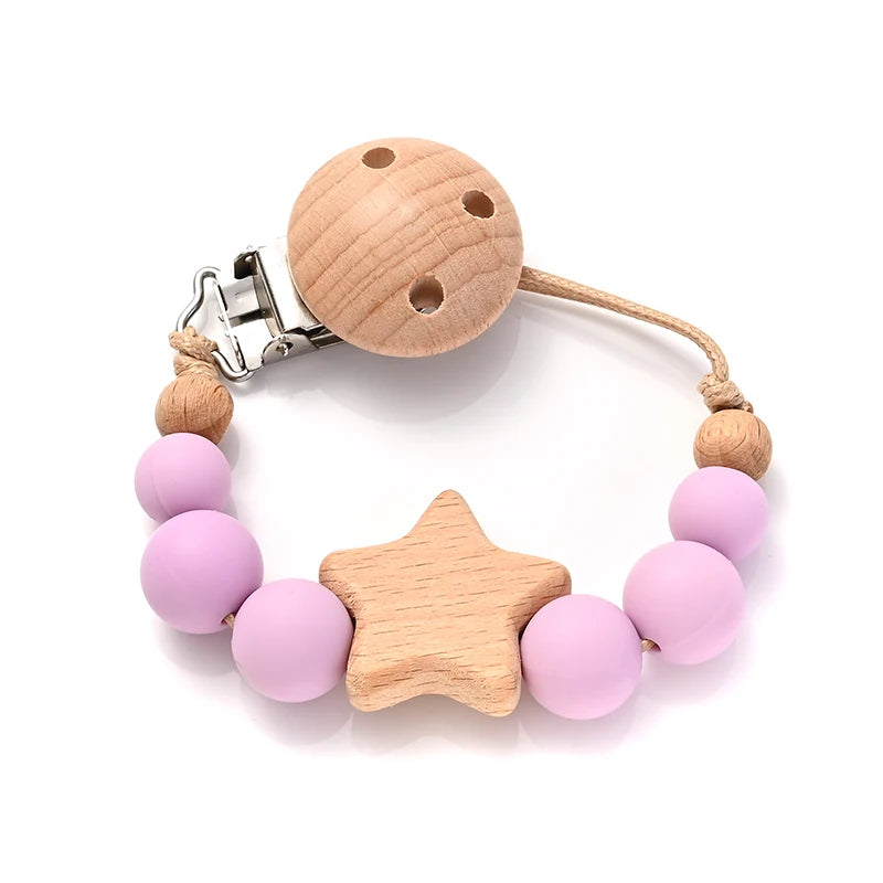 New Baby Pacifier Chain Clips Wood Pentagram Teether Silicone Round Beads Teething Chain For Care Soother Chew Toys Shower Gift
