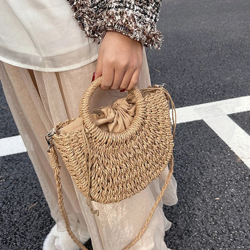 Handwoven Straw Rattan Half-Moon Beach Handbag Large Capacity Women Summer Hollow Out Crossbody Shoulder Bag  crossbody bags