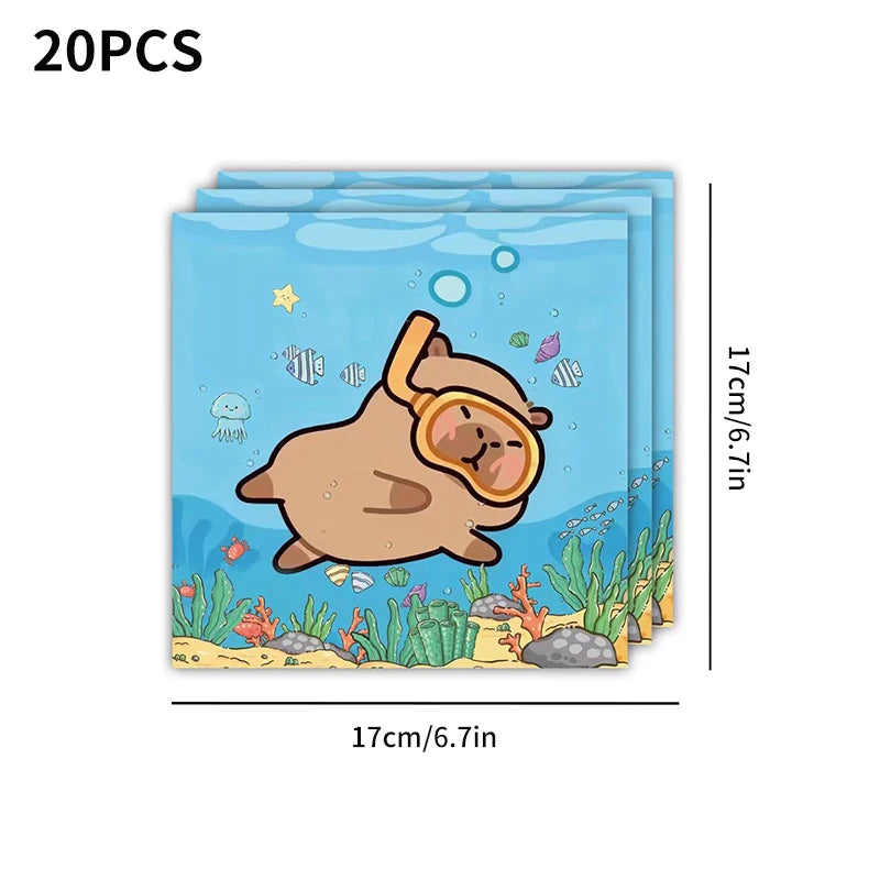 Capybara Theme Disposable Tableware Set Cartoon Capybara Tablecloth Cups Plates Napkin Happy Birthday Banner Kids Party Supplies