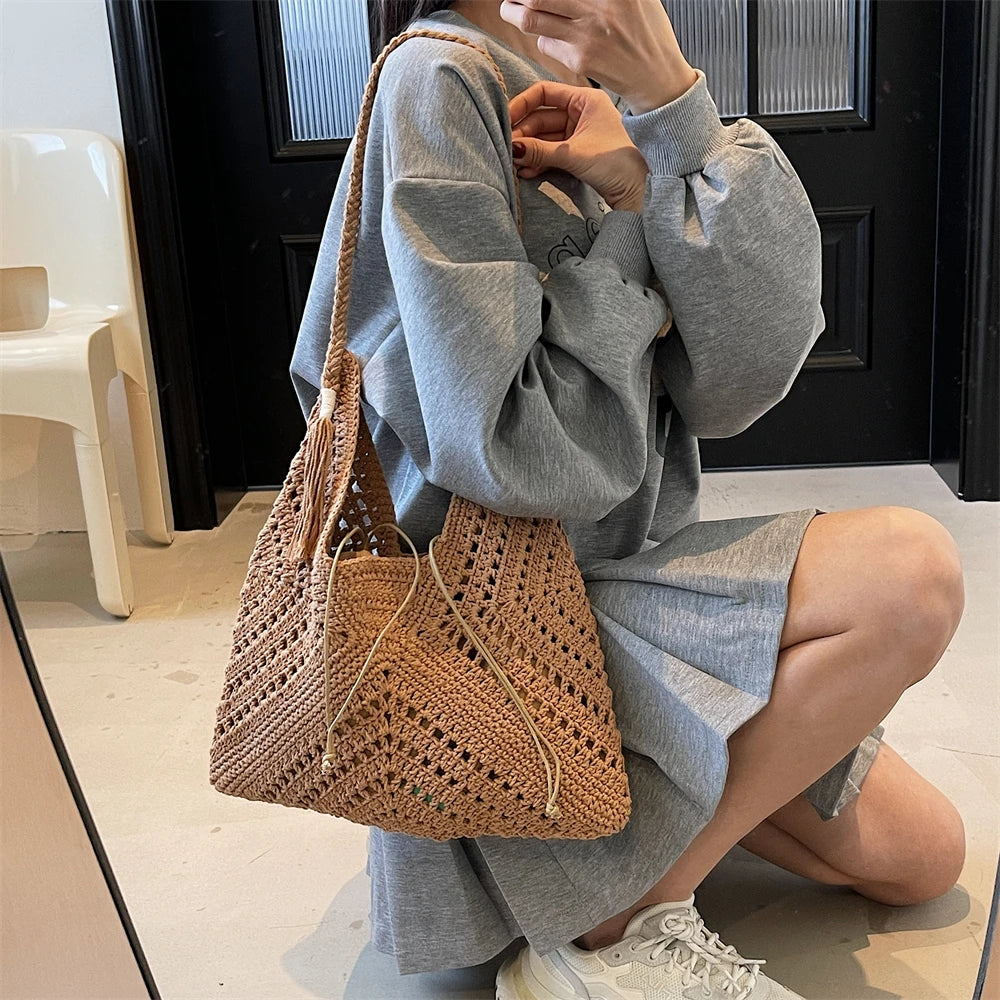 Crochet 2-IN-1 Shoulder Bag Set For Women Raffia Boho Rattan Summer Beach Vacation Tote Bags Knitted Design Handbags Female 2025