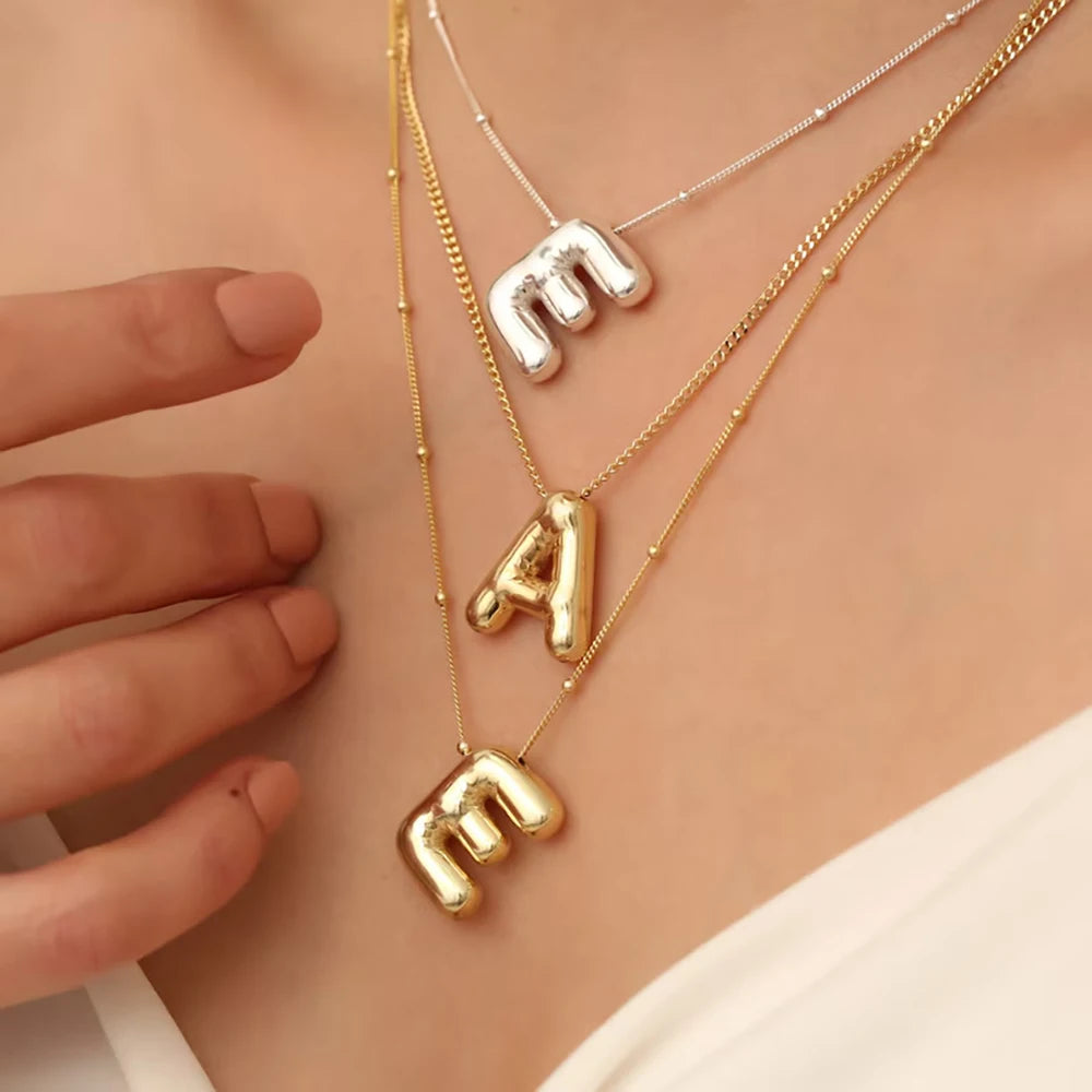 Delicate Chunky Alphabet Balloon Bubble Initial Letter Pendant Necklace for Women Men Stainless Steel Gold Plated Necklaces
