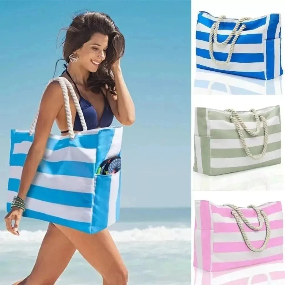 Bohemian Zipper Striped Shoulder Bags Large Capacity Canvas Outdoor Travel Tote Storage Women Camping Swim Pool Beach Bag