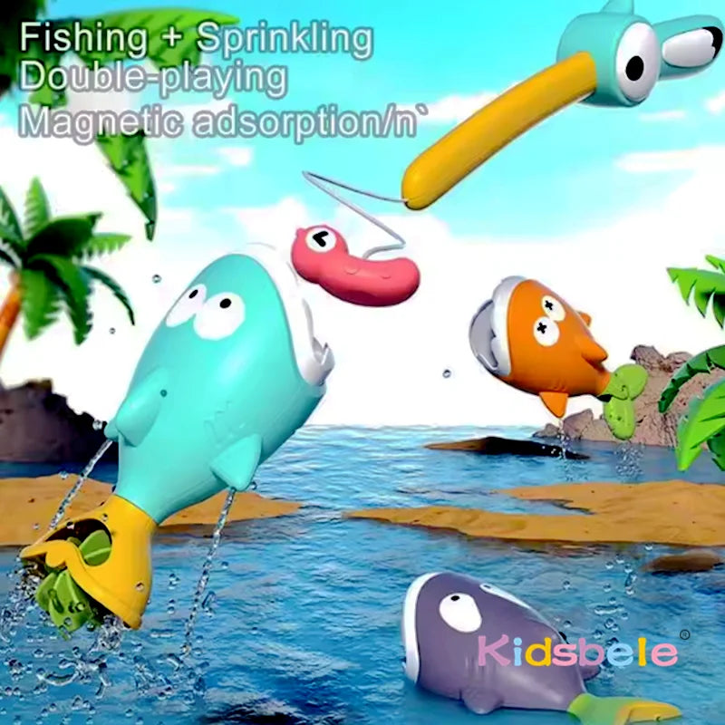 Summer Shark Floating Water Toy Magnetic Fishing Game With Water Effects Kids Pool Bath Toy Fun Colorful Sensory Sprinkling Toy
