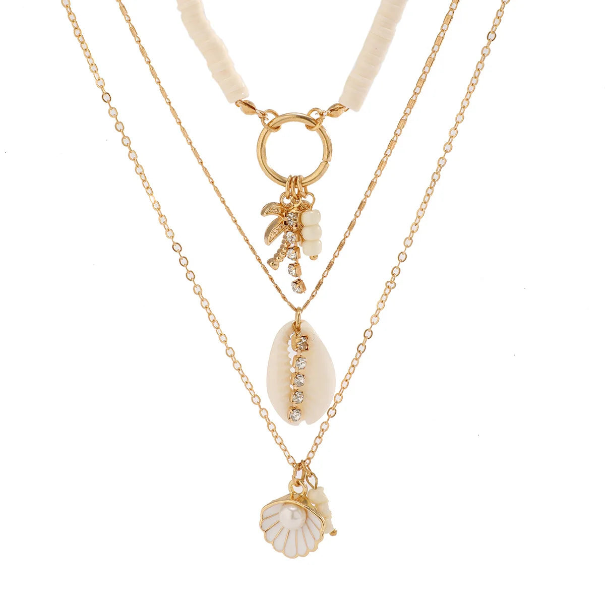 Boho Shell Starfish Shape Pendant Necklace for Women Imitation Pearl Layered Chain Necklace Summer Beach Neck Jewelry