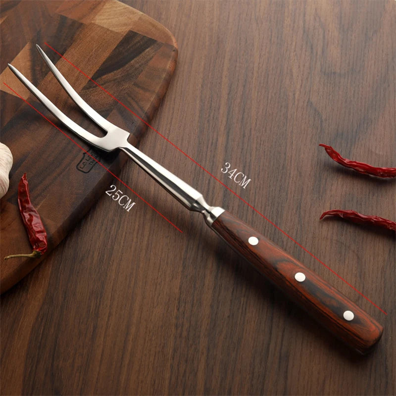 Stainless Steel Portable Outdoor BBQ Barbecue Tool with Wooden Handle, Food Meat Fork