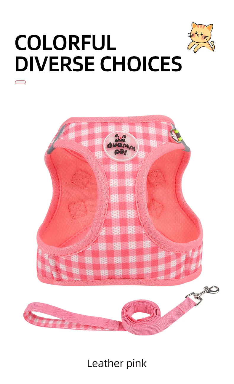 Kitten chest Strap Fresh plaid kitten leash anti-break Adjustable reflective pet chest strap Small dog kitten chest back