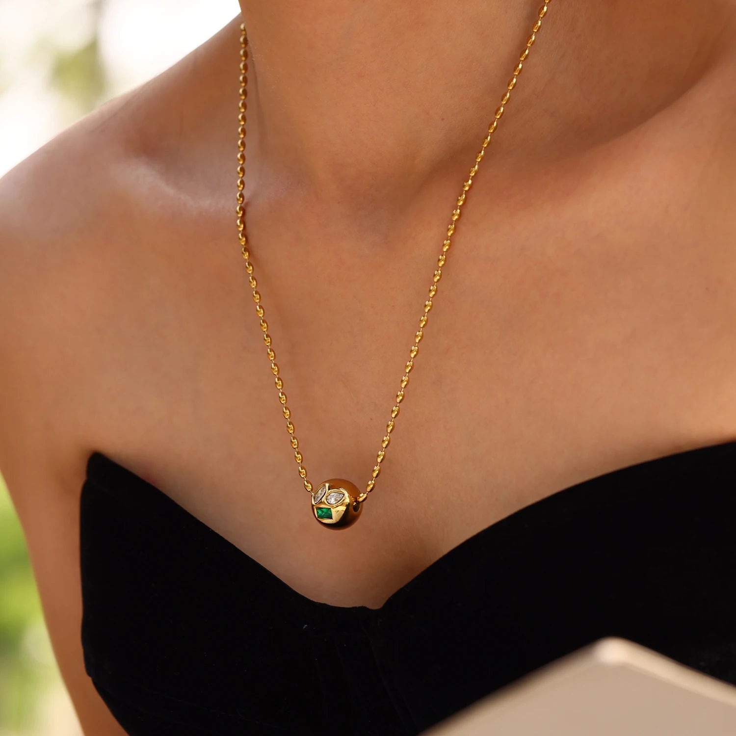 Shiny Red Green Zircon Necklace Womens Stainless Steel Gold Plated Beaded Chain Ball Pendant Necklace Female Luxury Jewellery